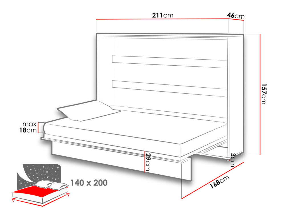 מידות מיטה דגם poziomy BC-04 מיטה מתקפלת לקיר 120x200 דגם BC-05 – מיטת אורח קומפקטית – תמונה 15